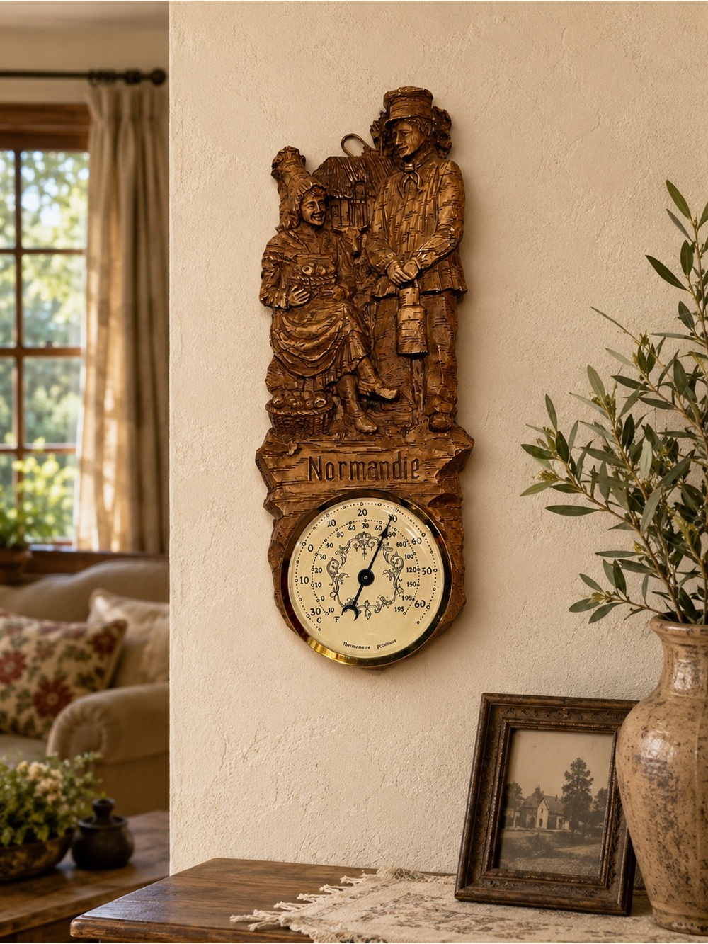 Andie Carved Wood Wall Thermometer Plaque in Brown